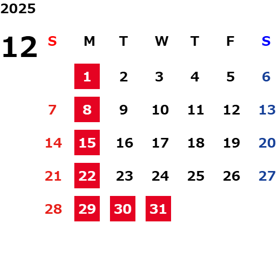 群馬トヨタ株式会社　12月定休日