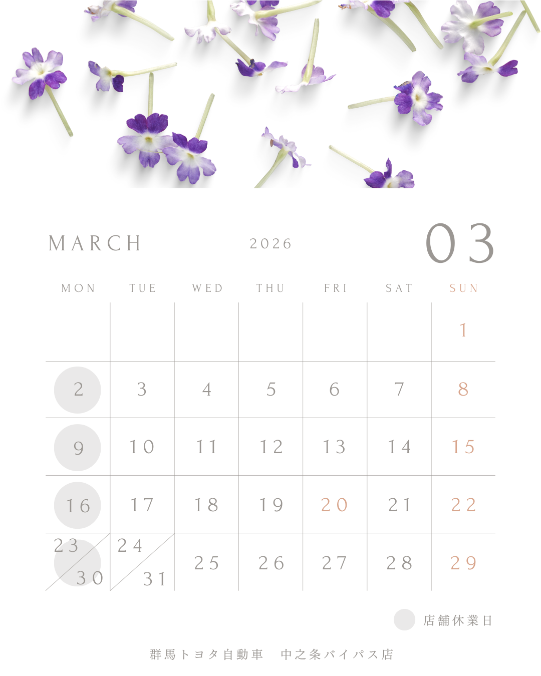 ＼ 3月の定休日のご案内 ／群馬トヨタ自動車中之条バイパス店